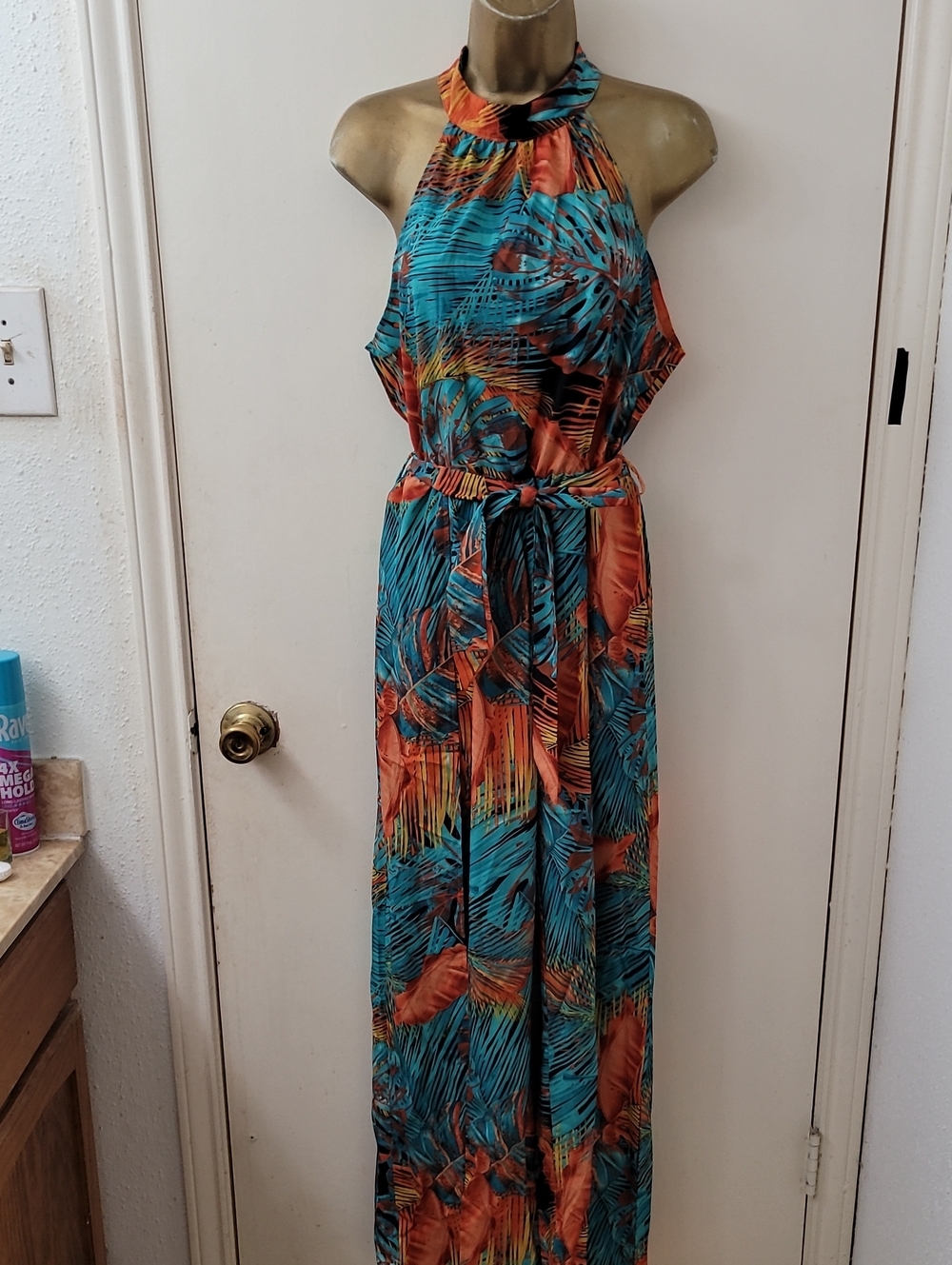 Sleeveless Halter Maxi Jumpsuit in Teal and Orange